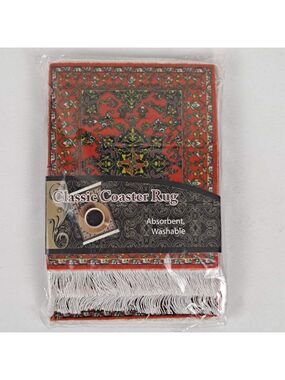 Arabic Rug Set of 4 Drink Coasters Red Black Green White Fringed Ends NWT